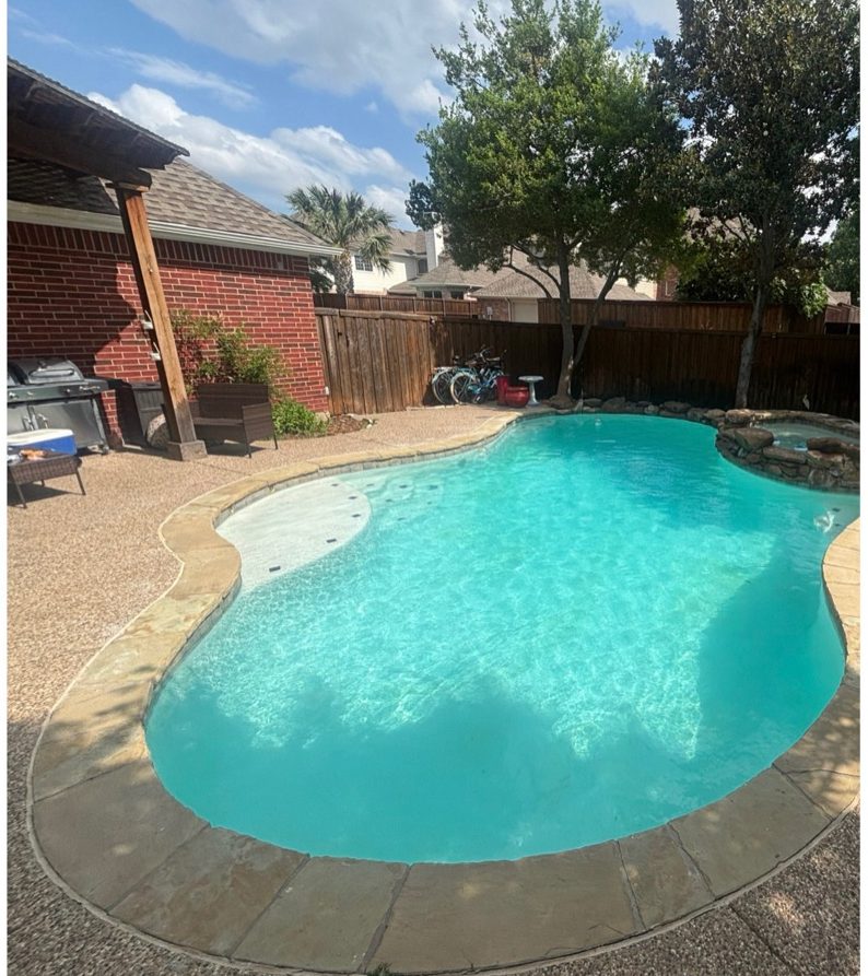 A real Blue Flag rescue: the same backyard pool sparkling blue after recovery