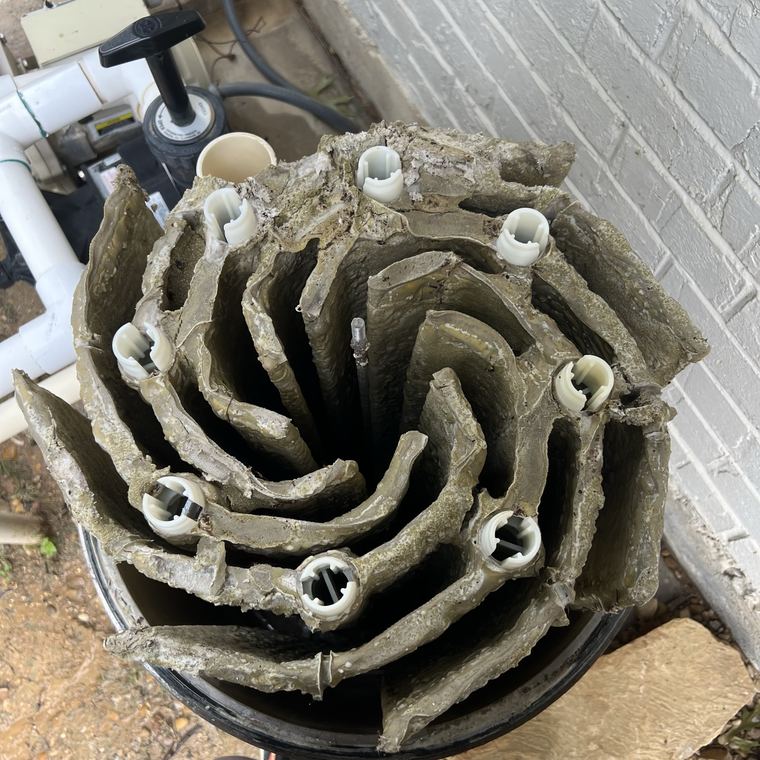 Top view of DE filter grids buried in grey sludge